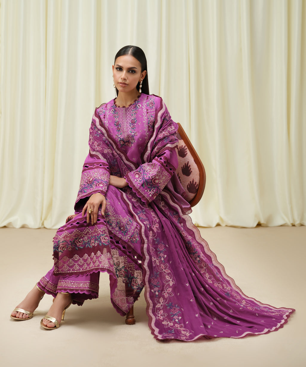 3 Piece - Embroidered Raw Silk Suit