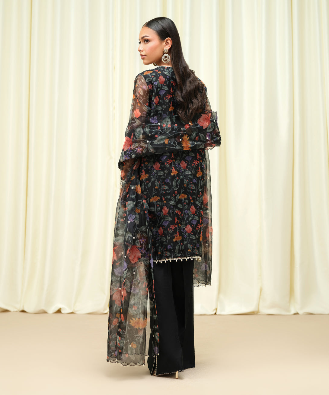 Women's Unstitched Blended Organza Embroidered Black 3 Piece Suit