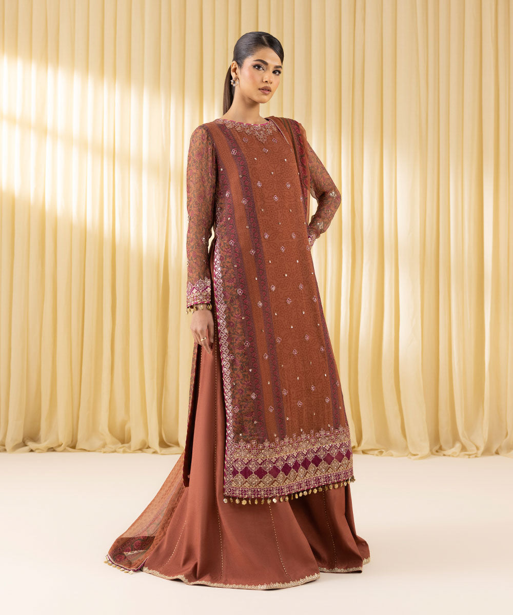 Women's Unstitched Viscose Chiffon Embroidered Brown 3 Piece Suit