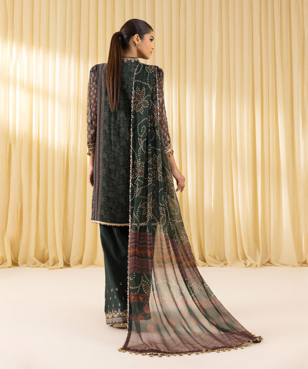 Women's Unstitched Viscose Chiffon Embroidered Green 3 Piece Suit