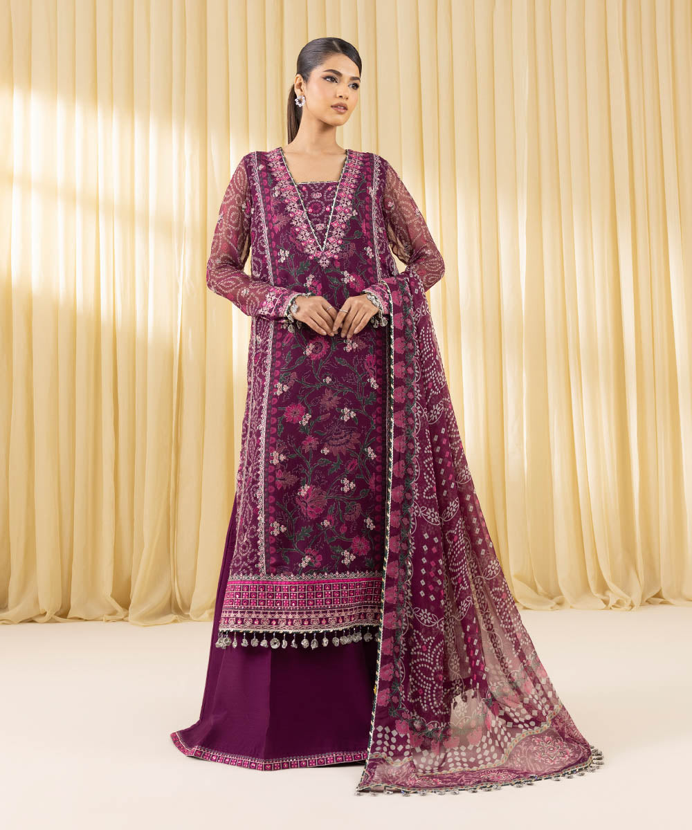 Women's Unstitched Viscose Chiffon Embroidered Purple 3 Piece Suit