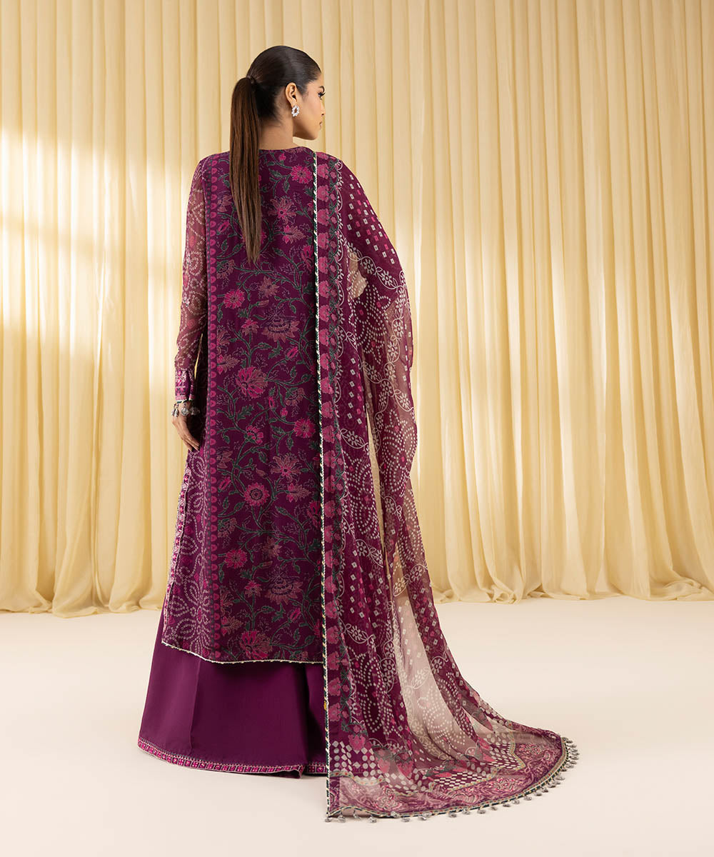 Women's Unstitched Viscose Chiffon Embroidered Purple 3 Piece Suit