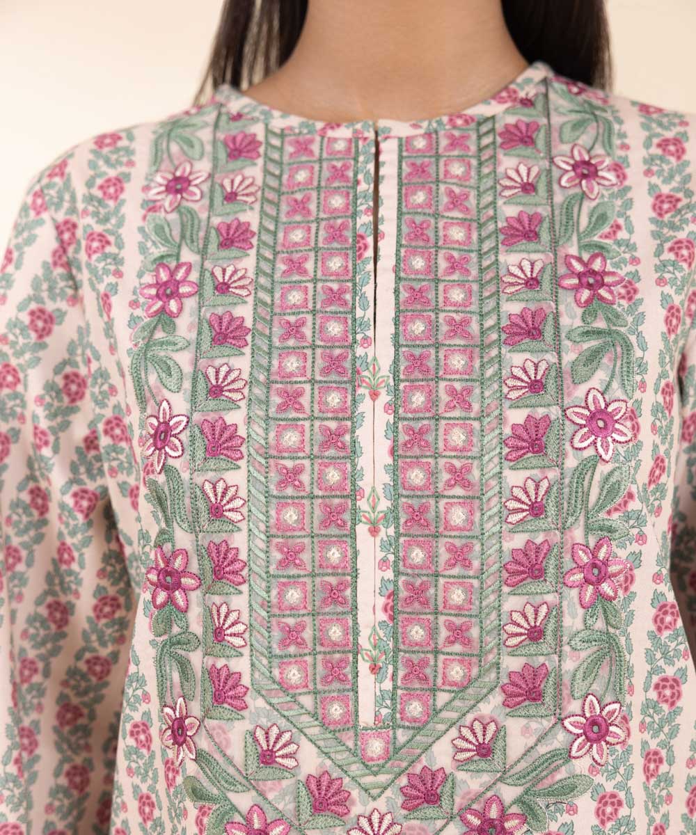 Women's Unstitched Embroidered Pastel Pink Cambric Three Piece Suit