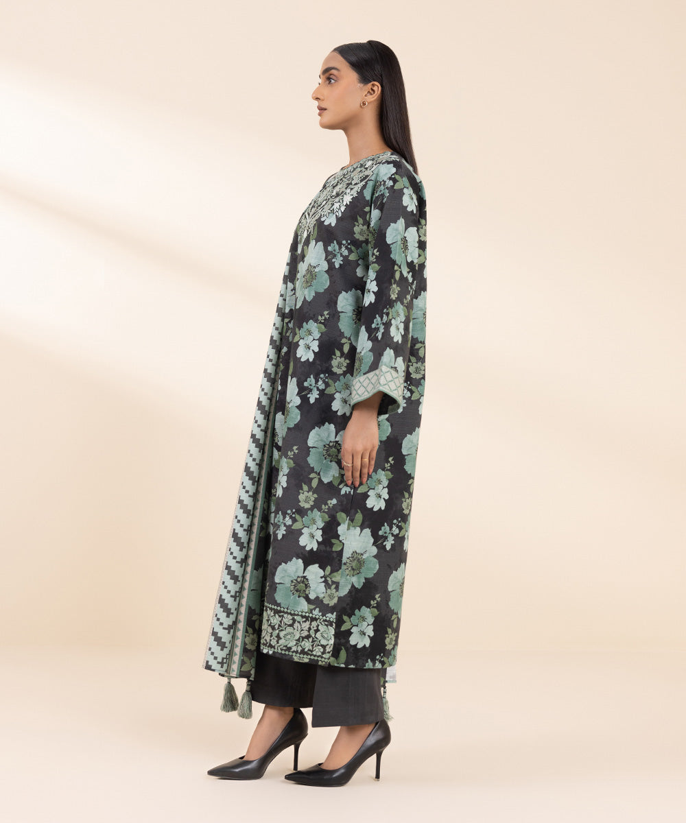 Women's Unstitched Embroidered Sea Green & Gray Khaddar Three Piece Suit