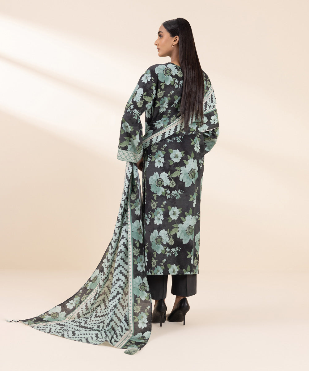 Women's Unstitched Embroidered Sea Green & Gray Khaddar Three Piece Suit