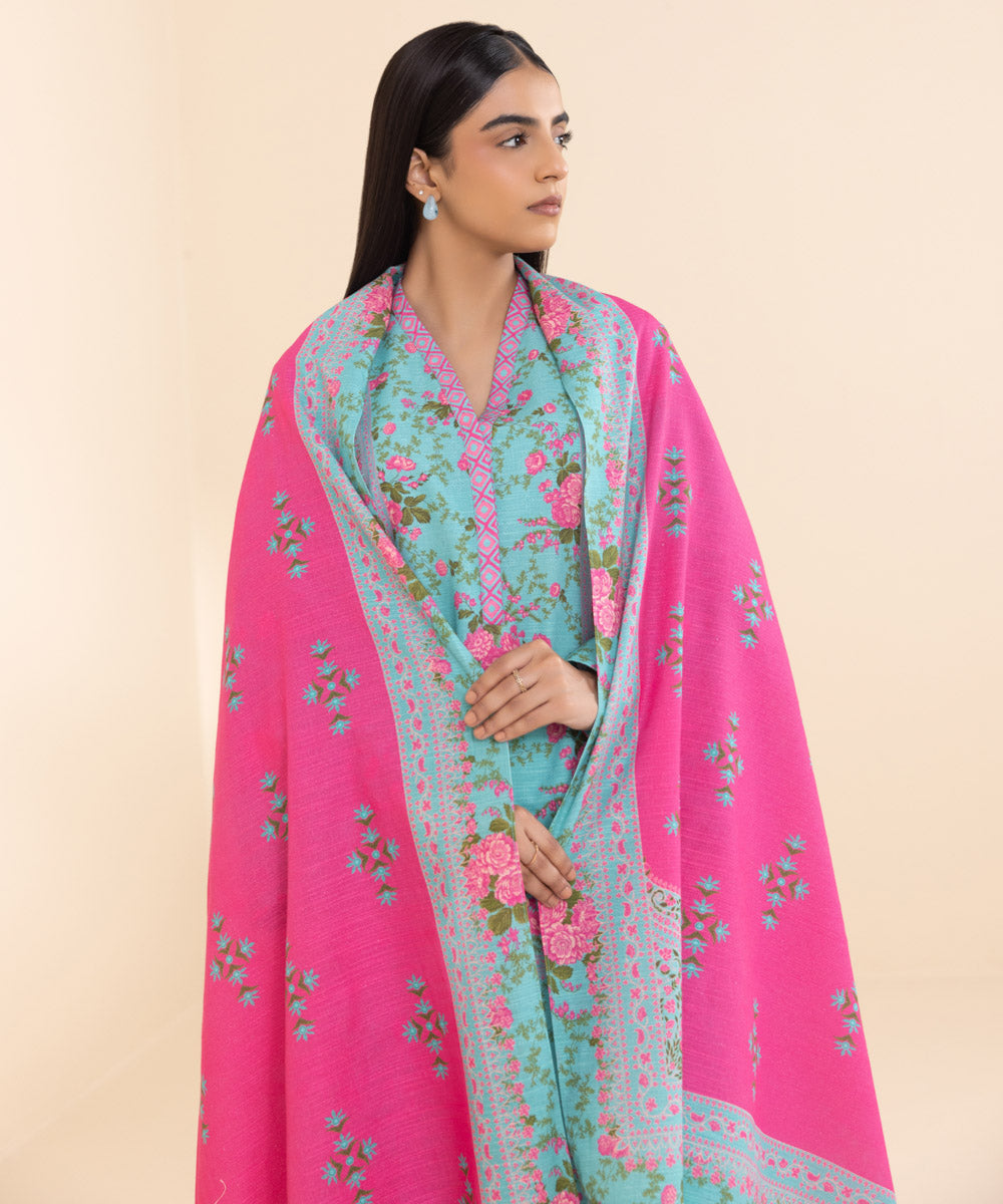 Women's Unstitched Printed Turquoise Khaddar Three Piece Suit