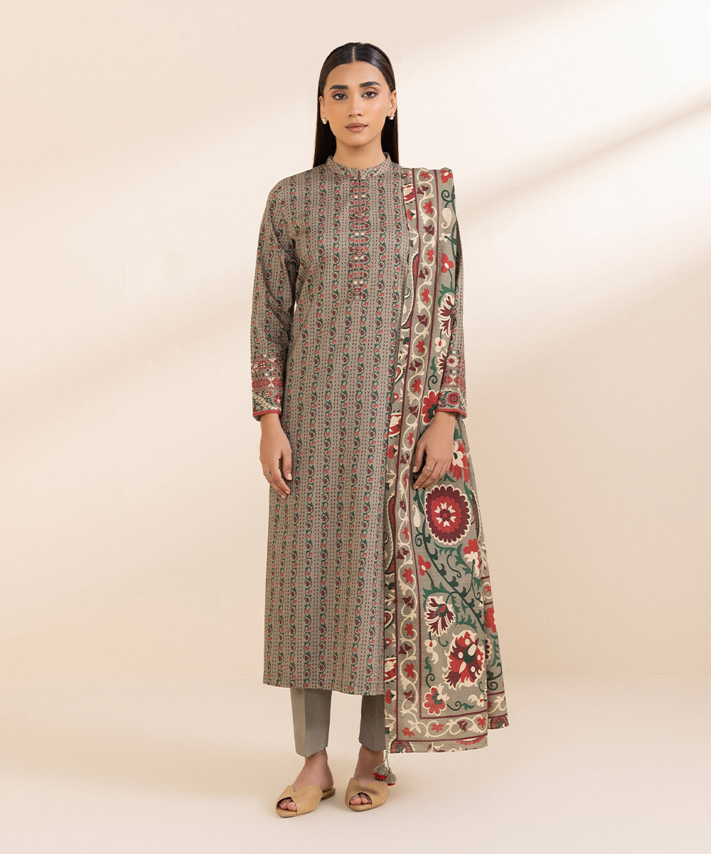 Women's Unstitched Printed Multicolour Dobby Three Piece Suit