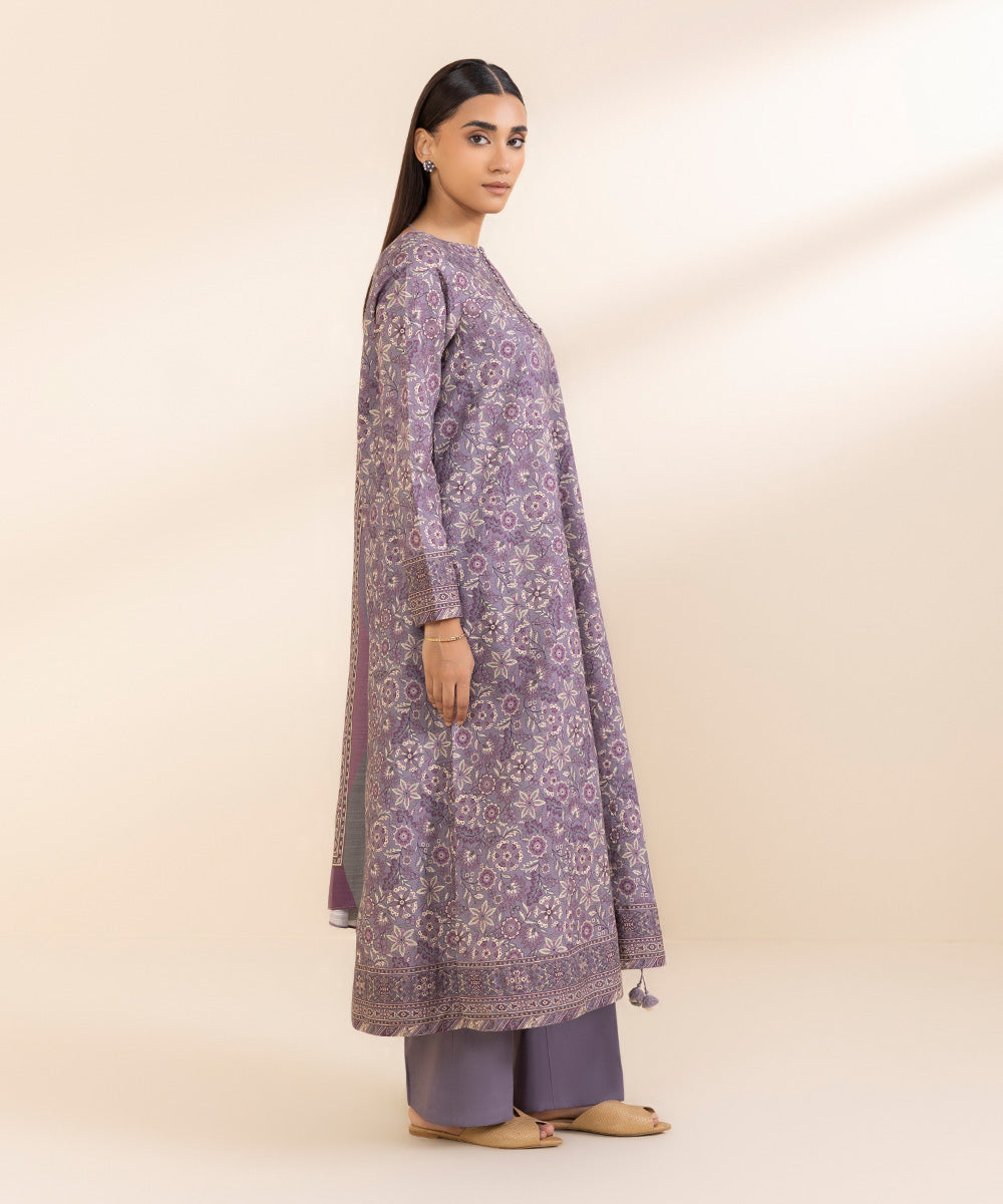 Women's Unstitched Printed Mauve Dobby Three Piece Suit