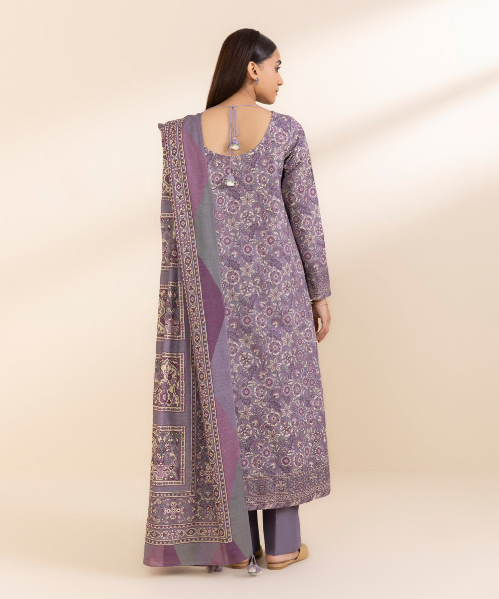 Women's Unstitched Printed Mauve Dobby Three Piece Suit