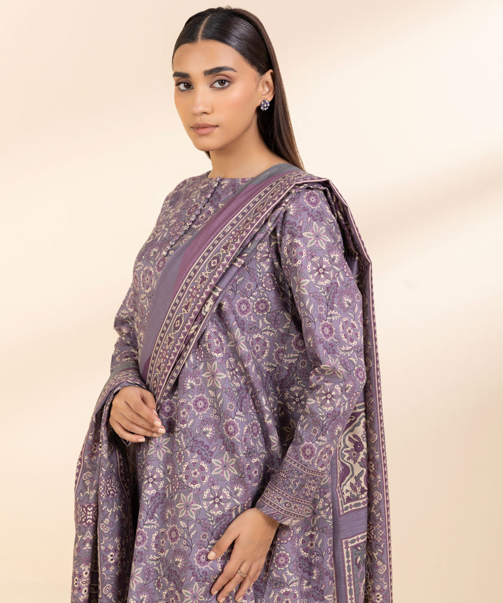 Women's Unstitched Printed Mauve Dobby Three Piece Suit