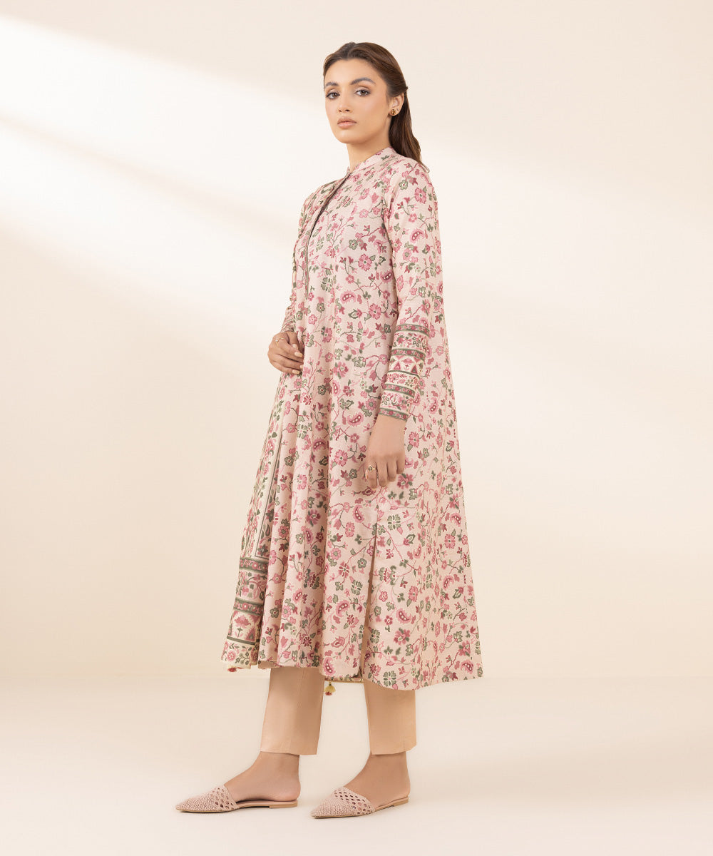 Women's Unstitched Printed Peach Pink Dobby Three Piece Suit