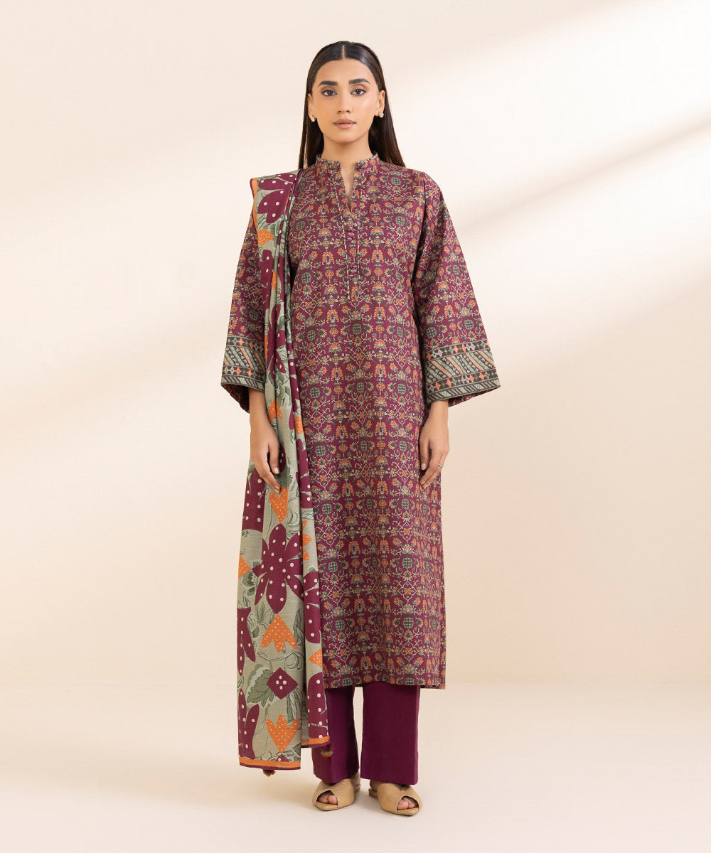 Women's Unstitched Printed Maroon Dobby Three Piece Suit