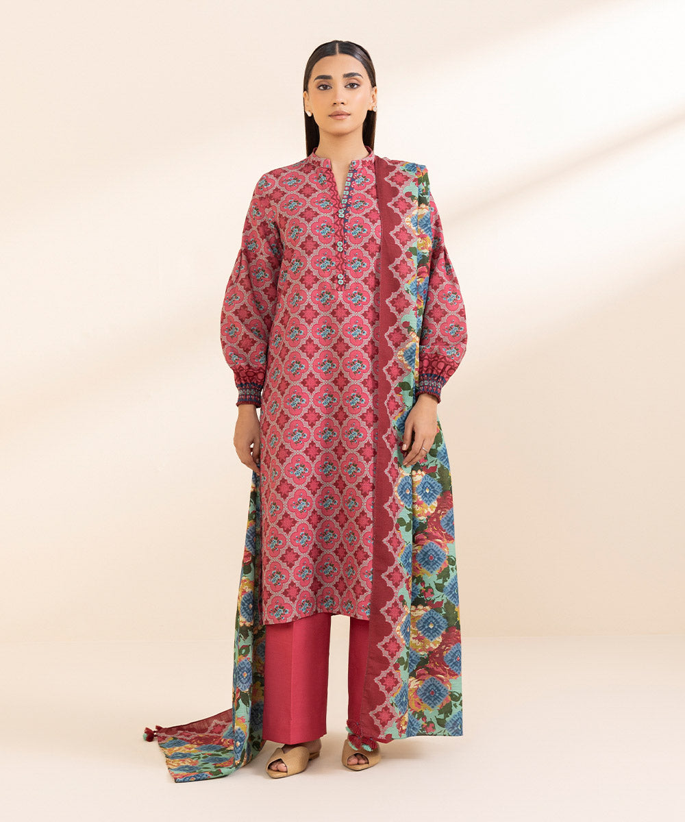 Women's Unstitched Printed Rouge Pink Khaddar Three Piece Suit