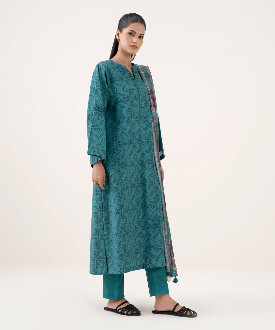 Women's Unstitched Light Khaddar Printed Green Three Piece Suit