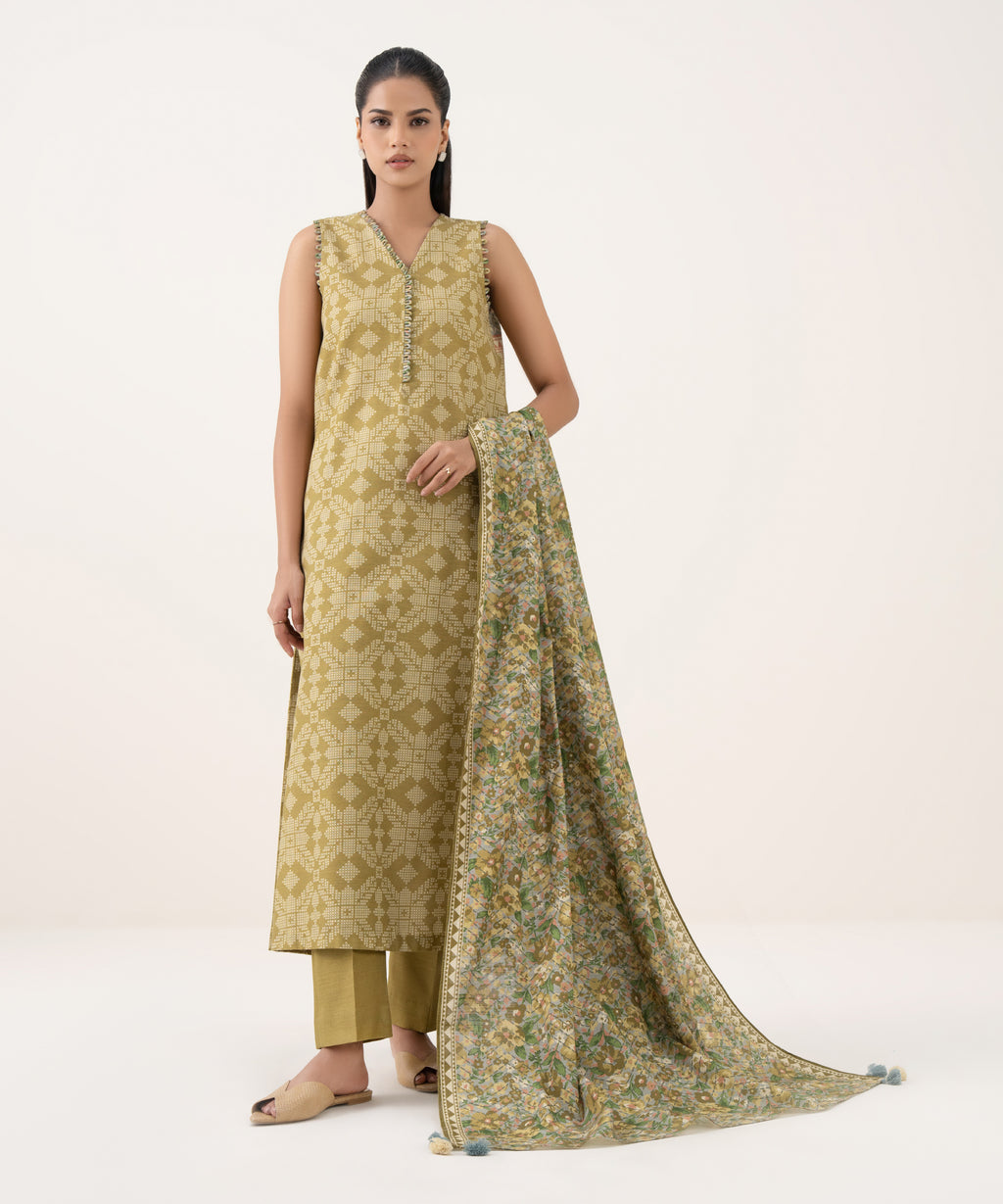 Women's Unstitched Light Khaddar Printed Mustard Three Piece Suit