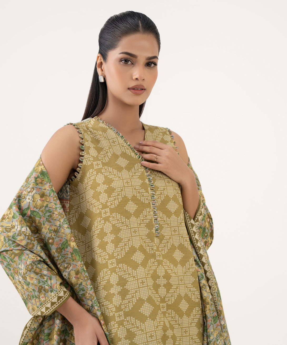 Women's Unstitched Light Khaddar Printed Mustard Three Piece Suit