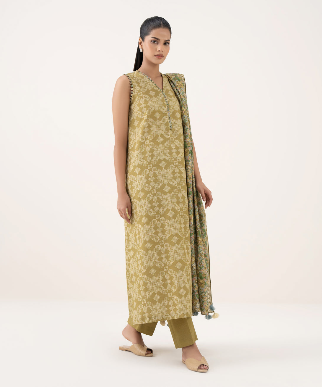 Women's Unstitched Light Khaddar Printed Mustard Three Piece Suit