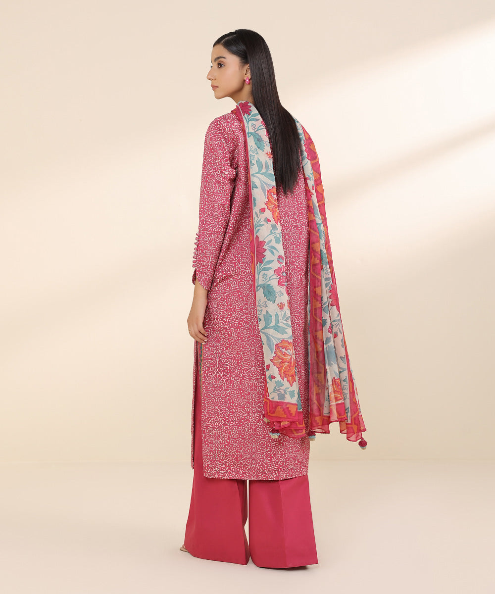 Women's Unstitched Cambric Pink Printed 3 Piece Suit 