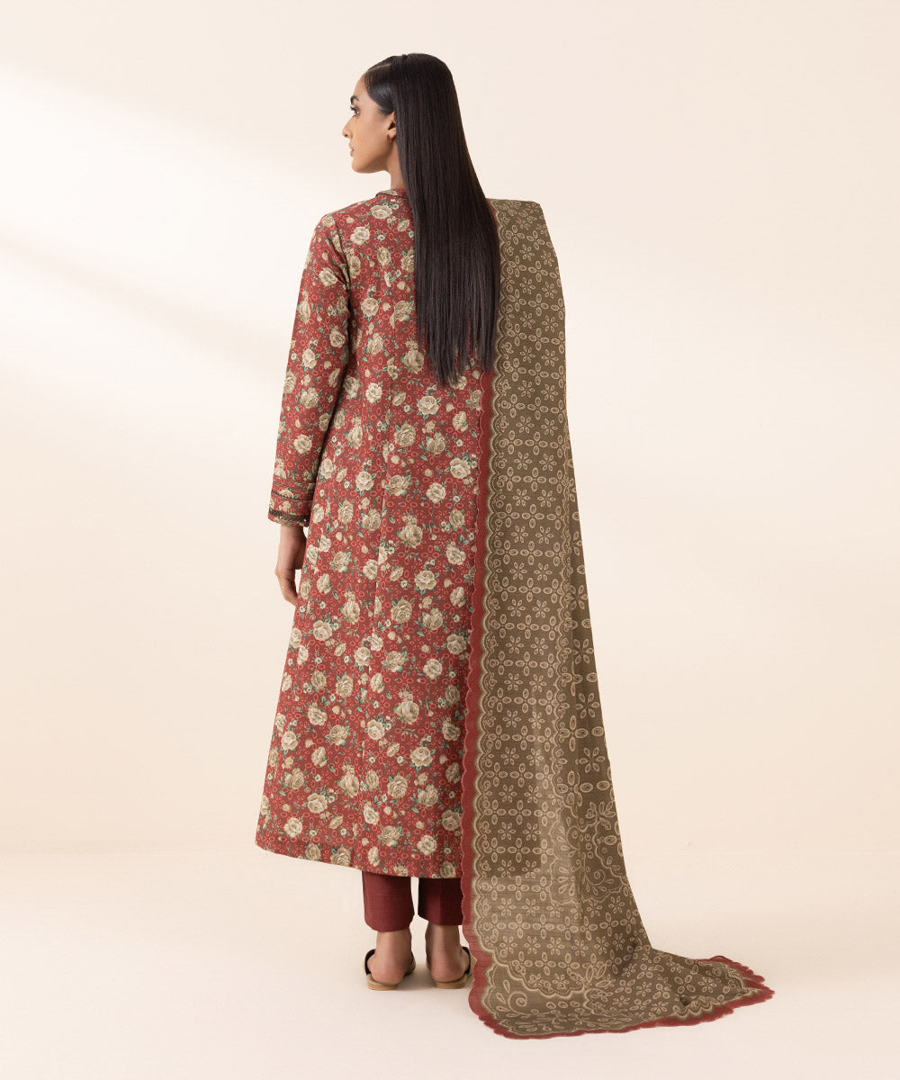 Women's Pret Khaddar Red Printed 3 Piece Suit