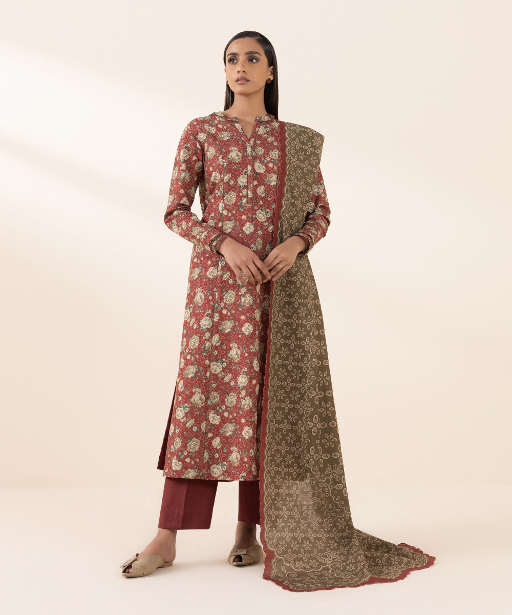 Women's Pret Khaddar Red Printed 3 Piece Suit