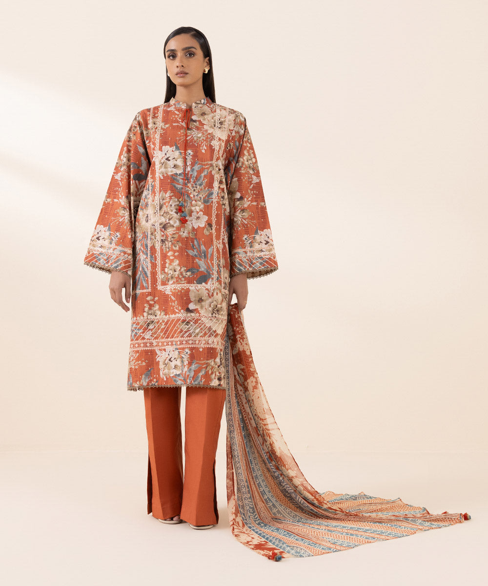 Women's Pret Cambric Orange Printed 3 Piece Suit