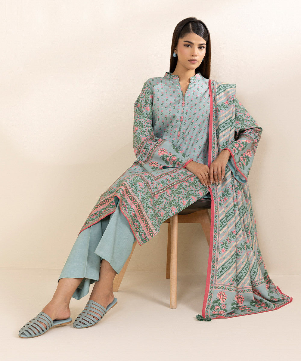 Women's Pret Linen Blue Printed 3 Piece Suit