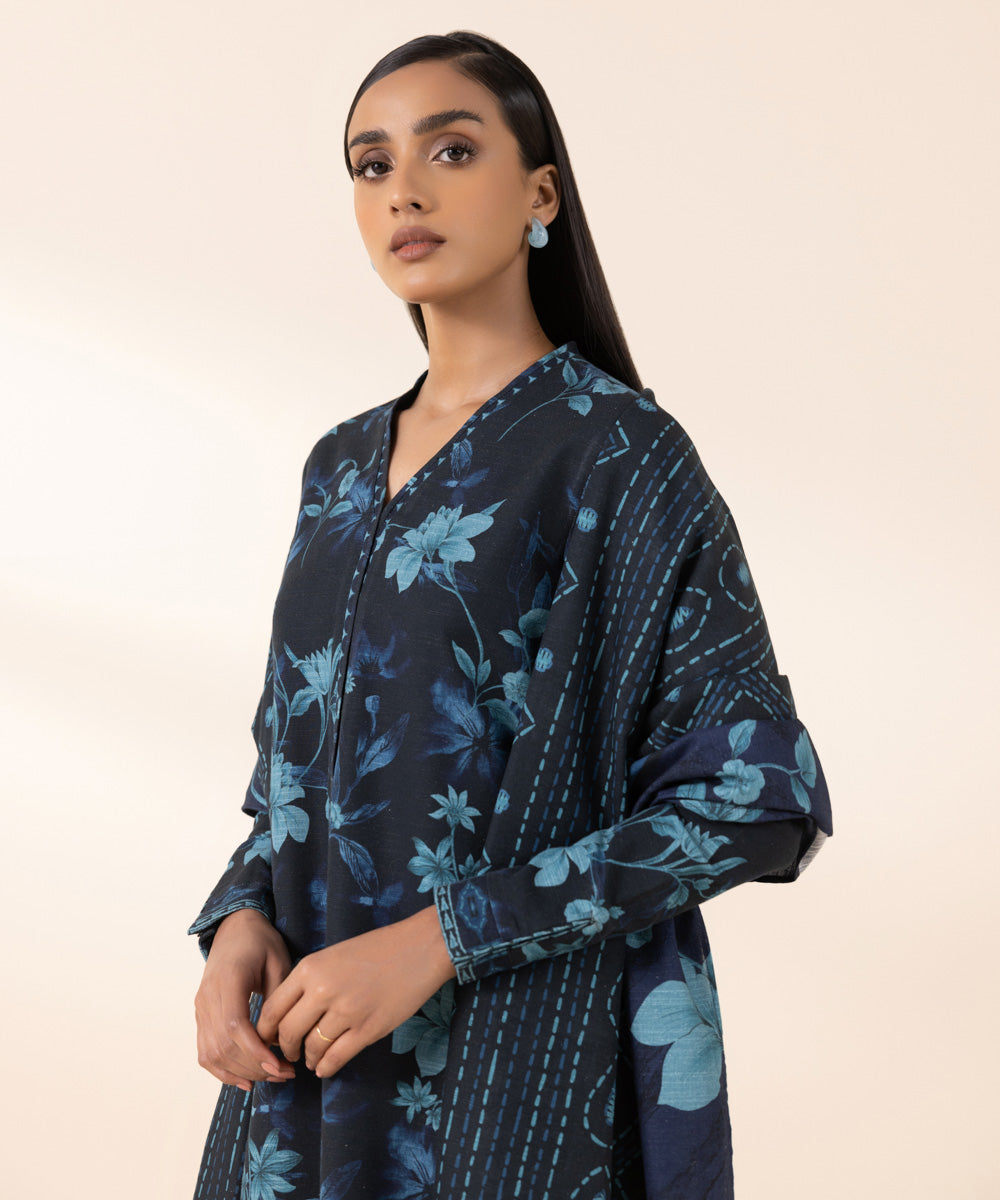 Women's Pret Khaddar Blue Printed 3 Piece Suit