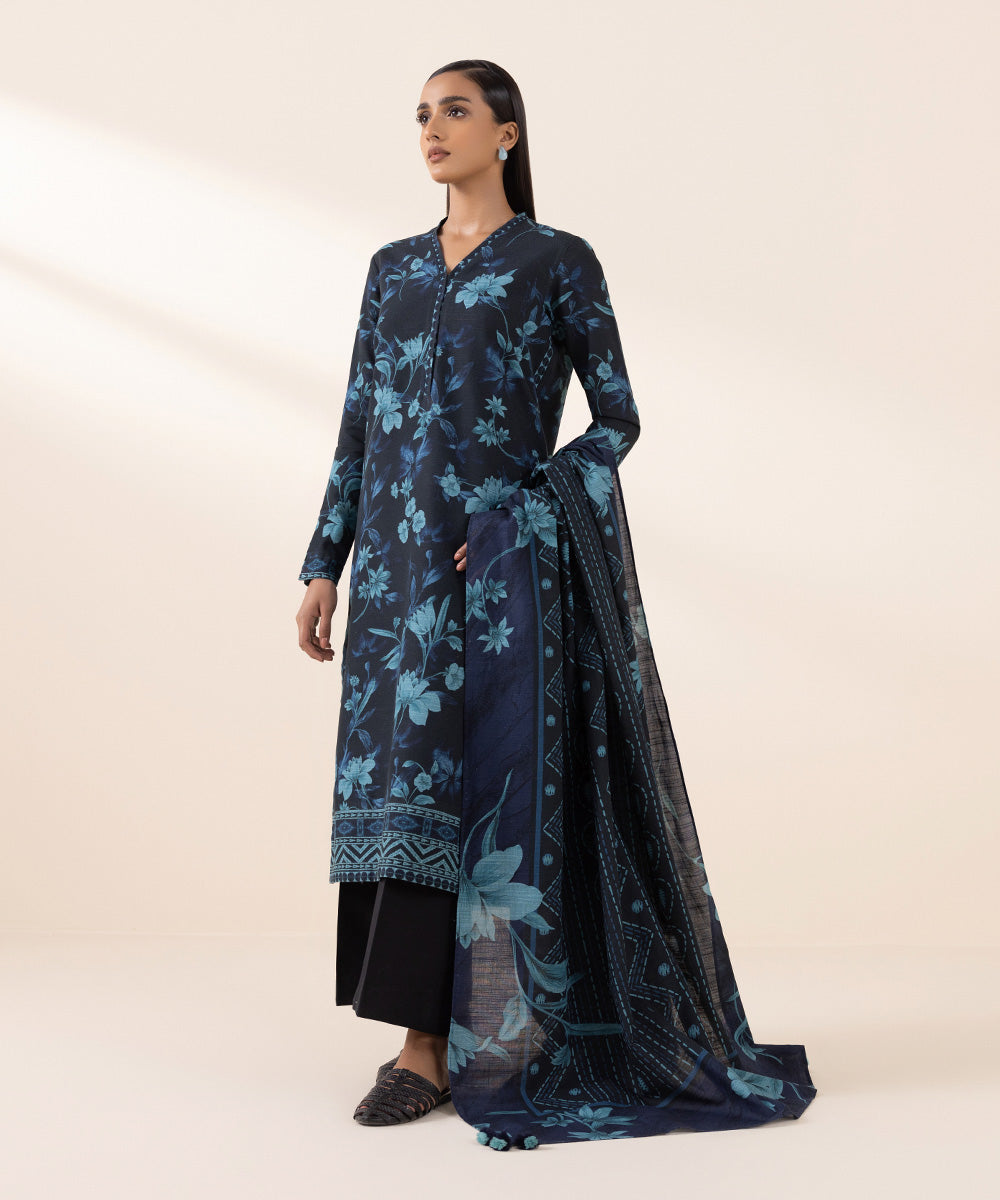 Women's Pret Khaddar Blue Printed 3 Piece Suit