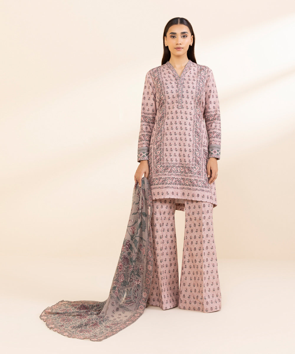 Women's Unstitched Khaddar Printed Pink 3 Piece Suit