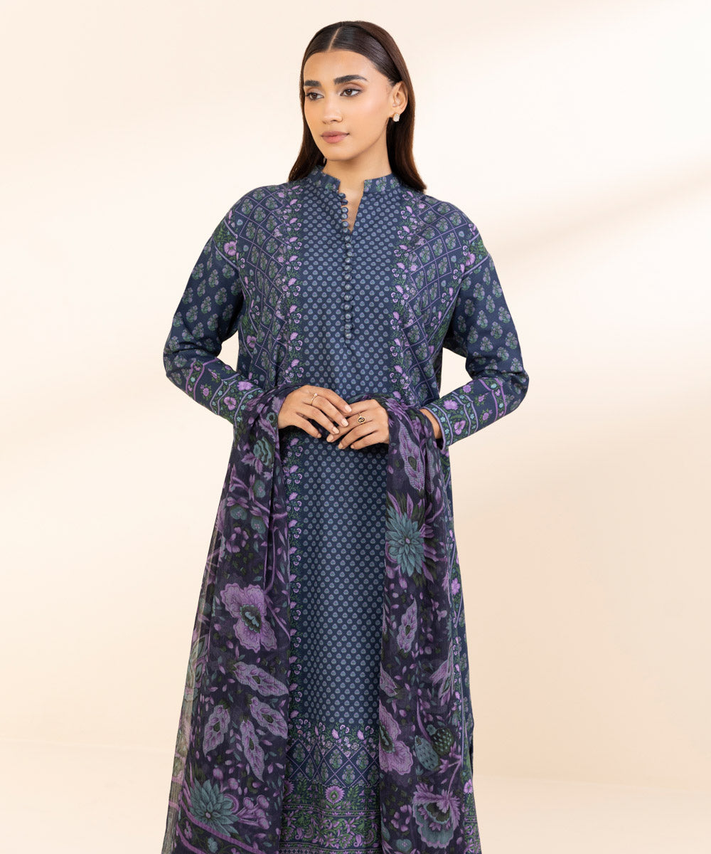 Women's Unstitched Khaddar Printed Blue 3 Piece Suit