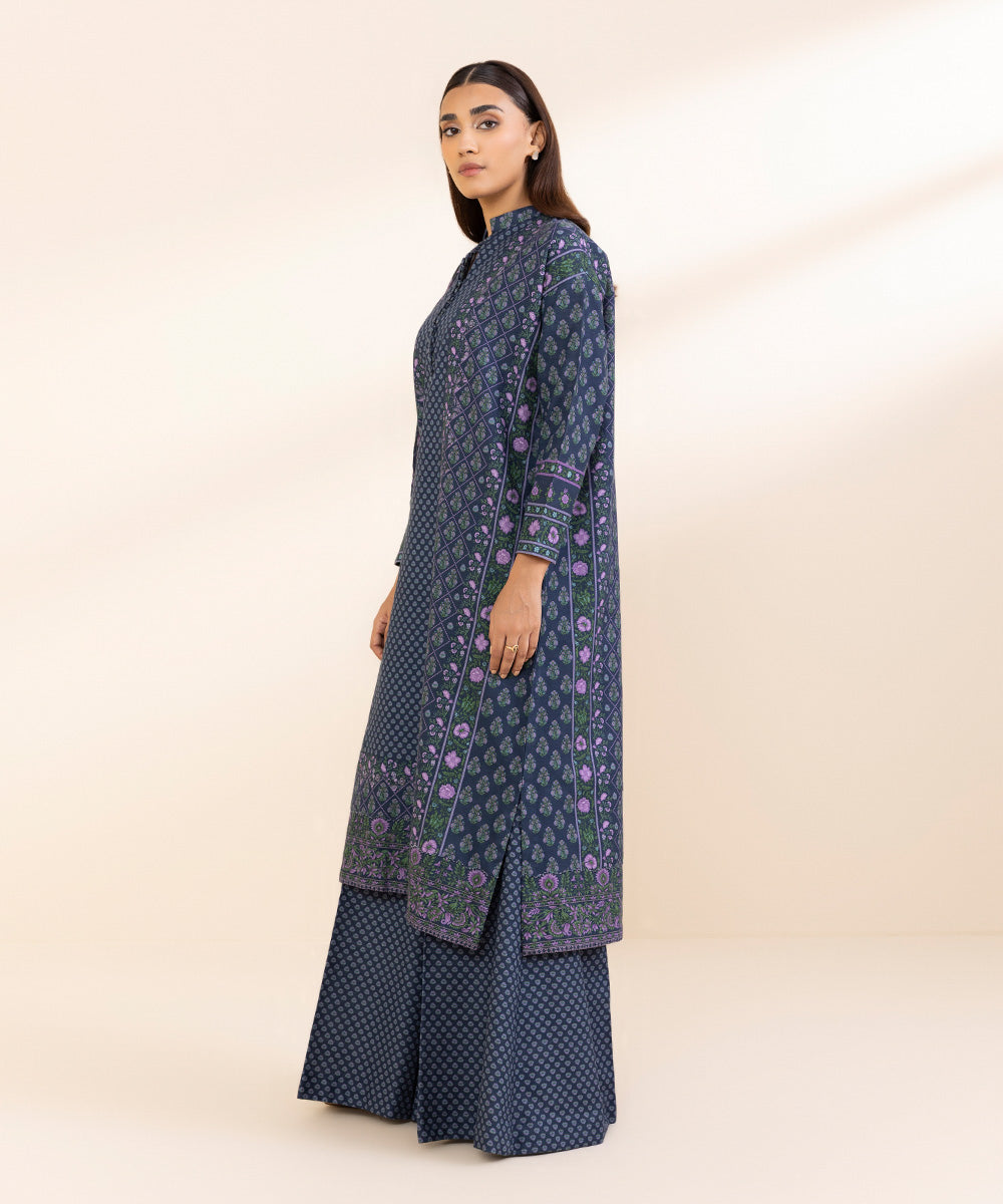 Women's Unstitched Khaddar Printed Blue 3 Piece Suit