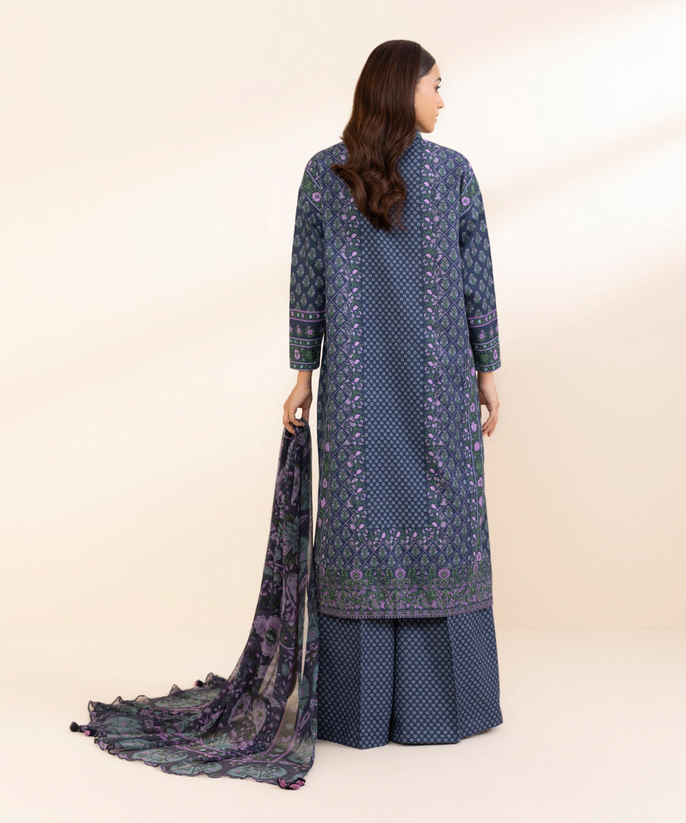 Women's Unstitched Khaddar Printed Blue 3 Piece Suit