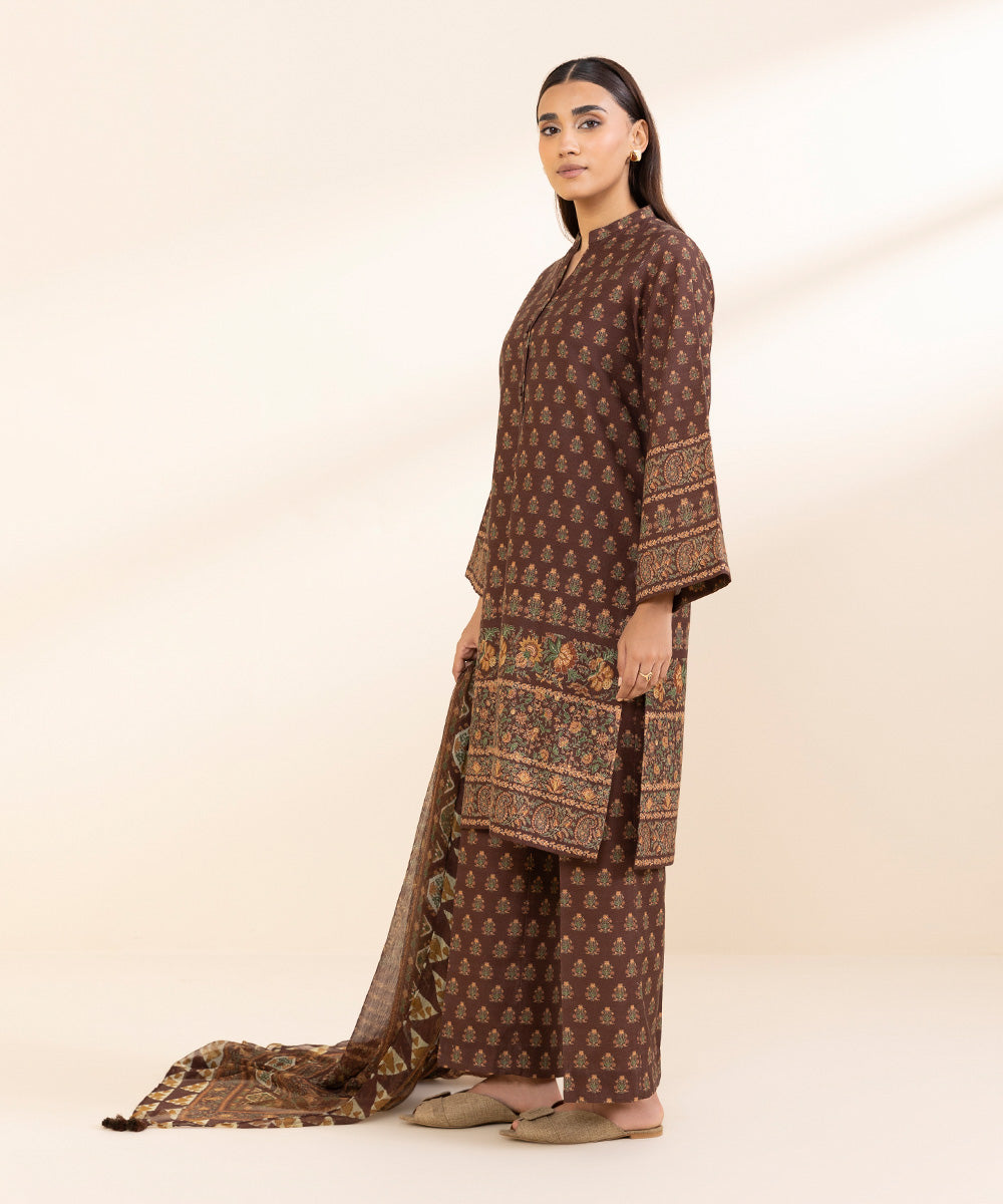 Women's Unstitched Khaddar Printed Brown 3 Piece Suit