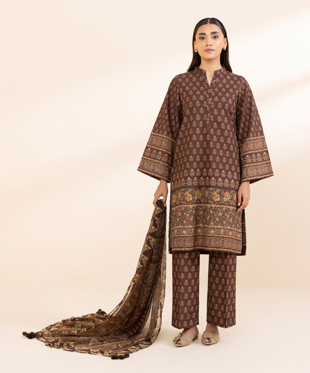 Women's Unstitched Khaddar Printed Brown 3 Piece Suit