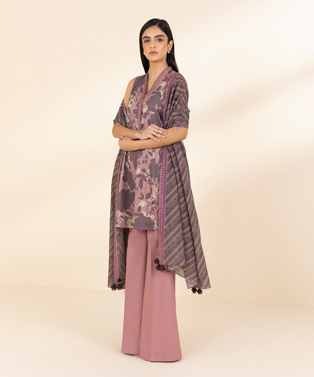 Women's Unstitched Lawn Printed Pink 3 Piece Suit