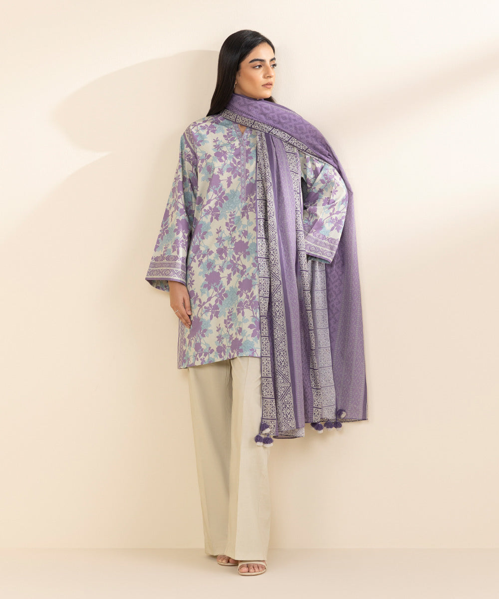 Women's Unstitched Lawn Printed Purple 3 Piece Suit