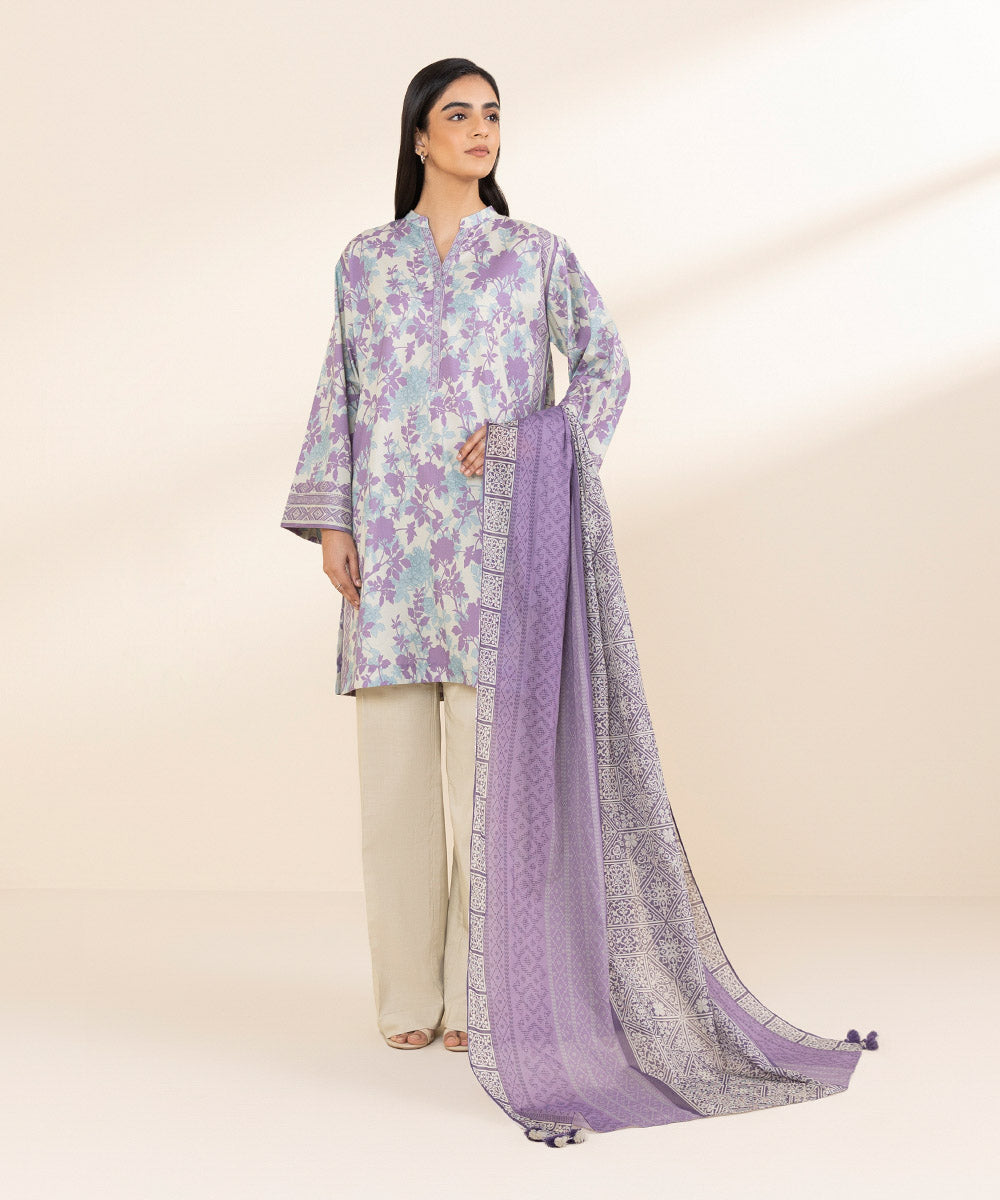 Women's Unstitched Lawn Printed Purple 3 Piece Suit