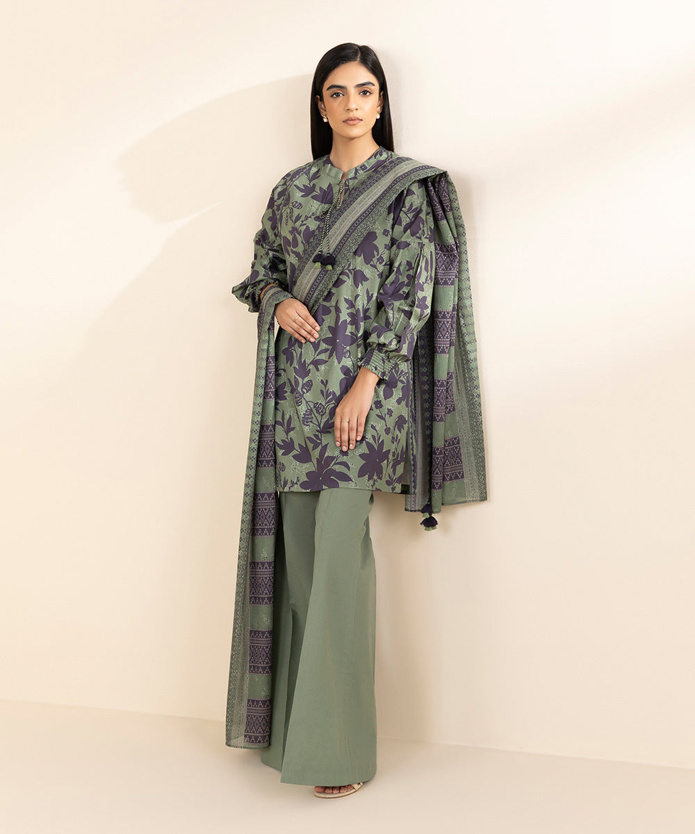 Women's Unstitched Lawn Printed Green 3 Piece Suit