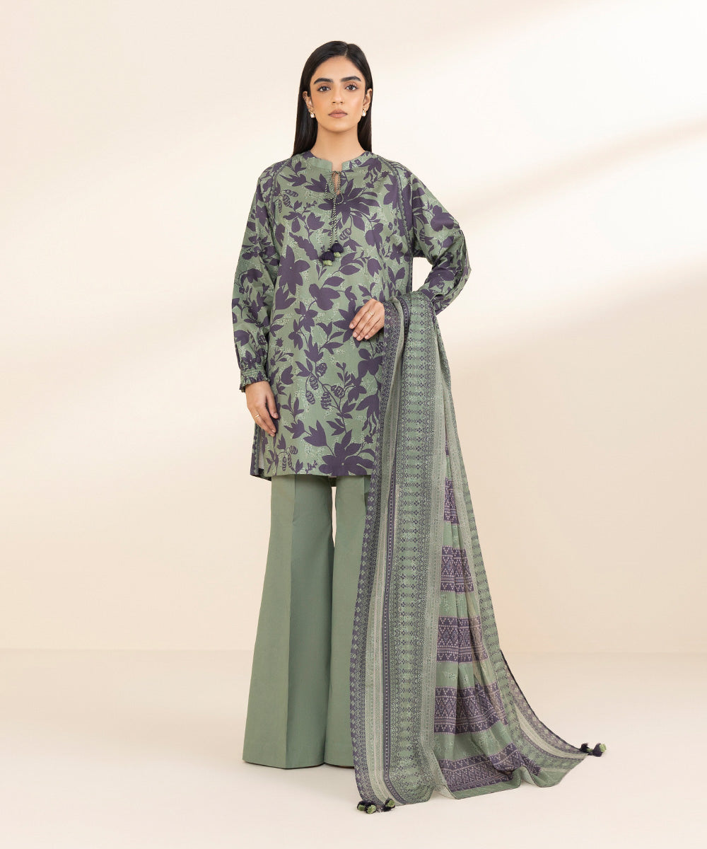 Women's Unstitched Lawn Printed Green 3 Piece Suit