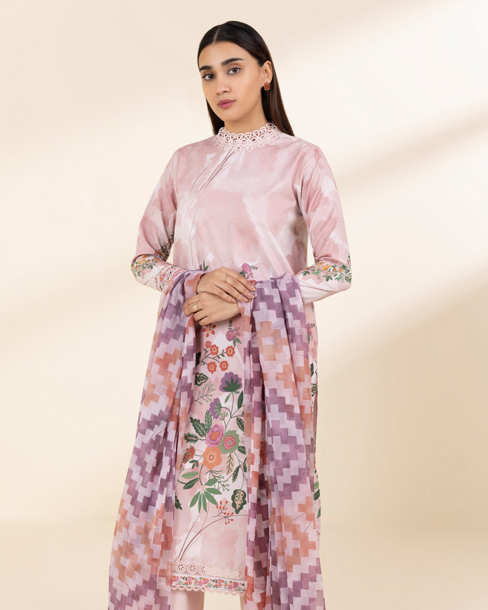 Unstitched Women's Pink Lawn 3 Piece Suit