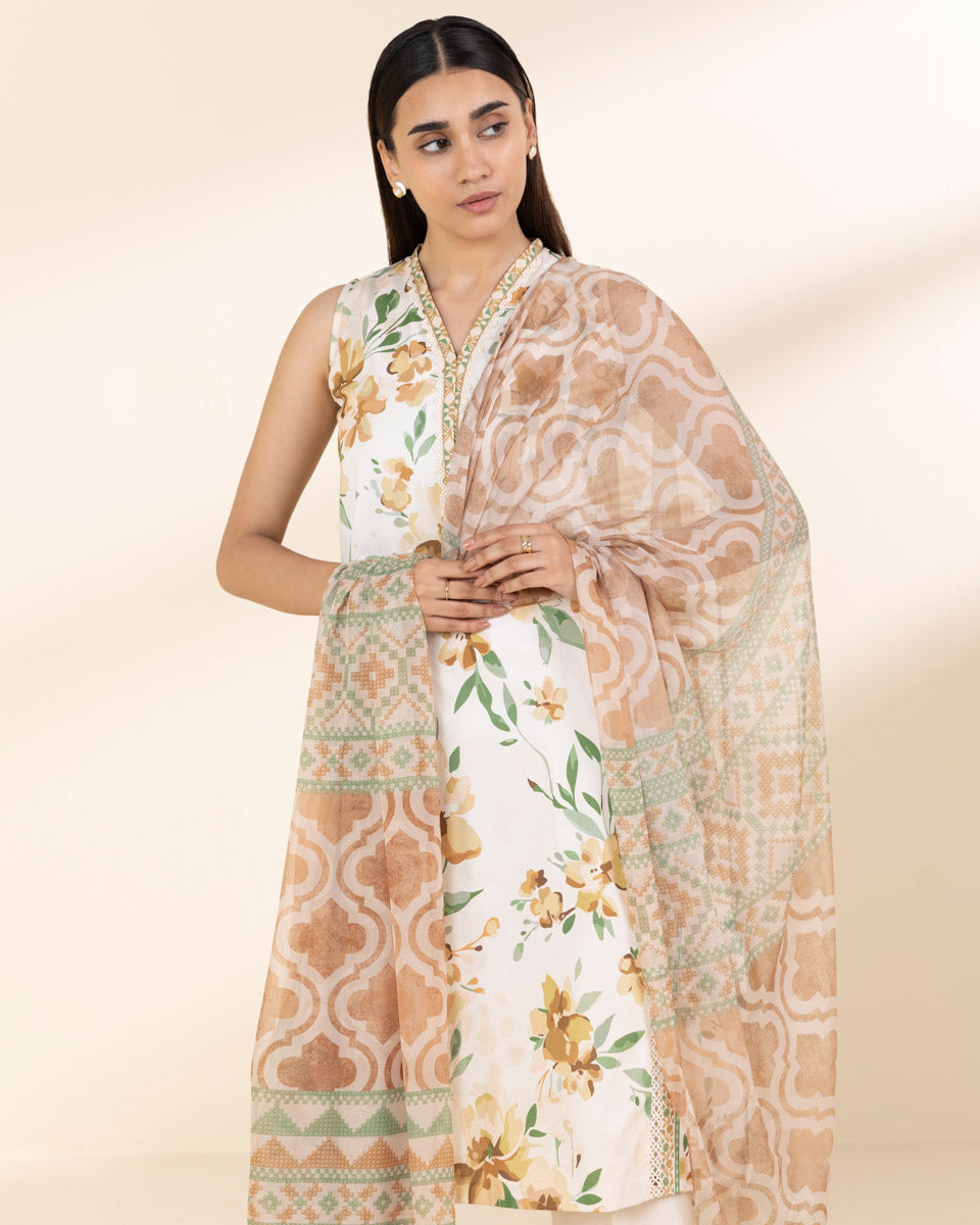 Unstitched Women's Off White Lawn 3 Piece Suit