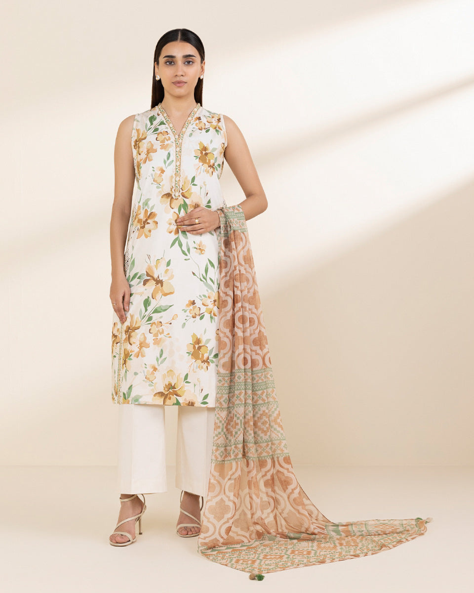 Unstitched Women's Off White Lawn 3 Piece Suit
