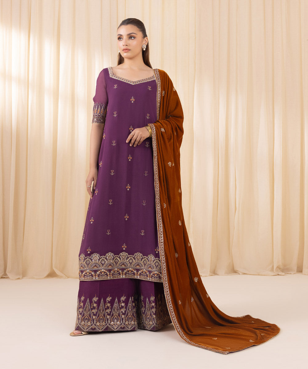 Women's Unstitched Purple Georgette Chiffon Three Piece Suit