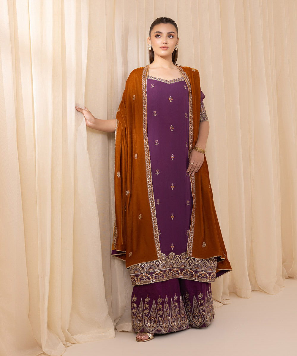 Women's Unstitched Purple Georgette Chiffon Three Piece Suit