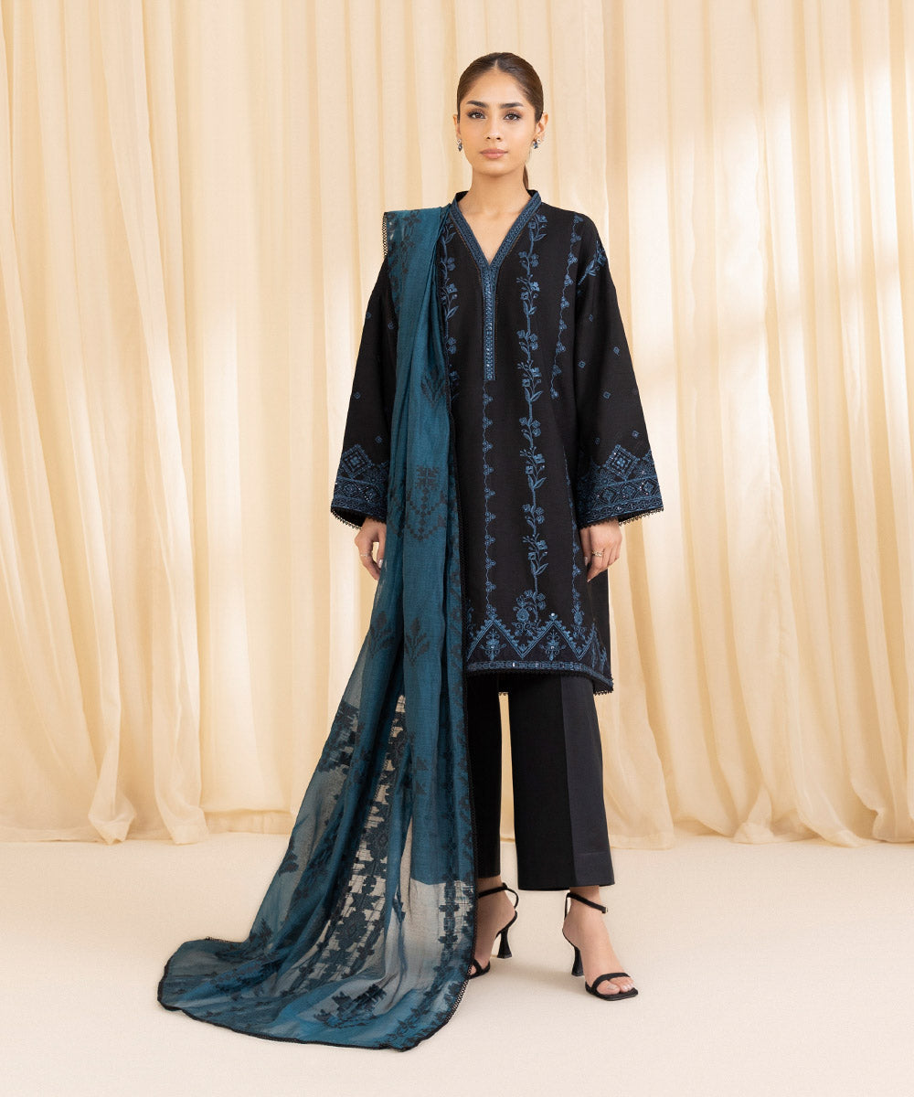 Women's Unstitched Embroidered Black Linen Three Piece Suit