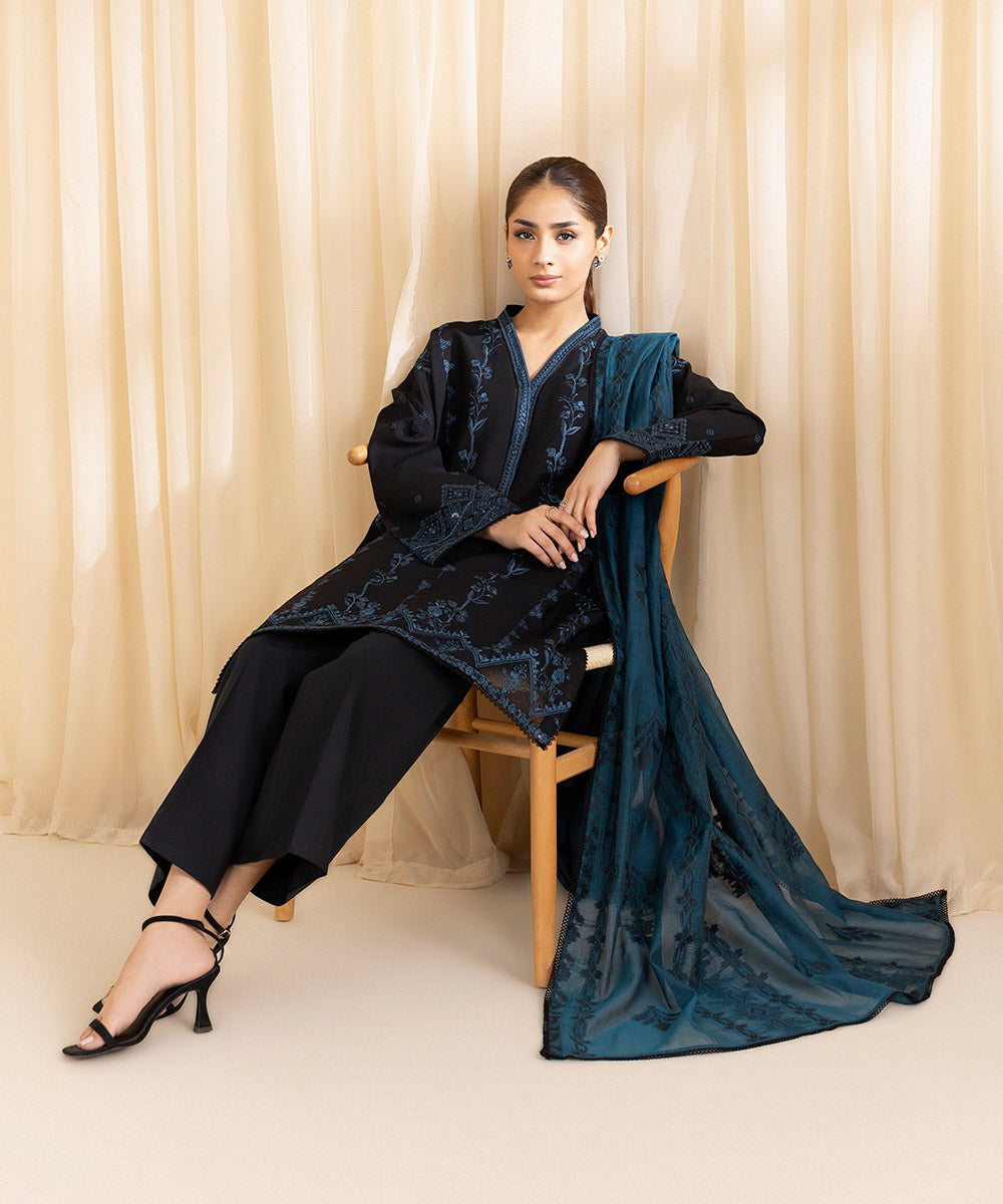 Women's Unstitched Embroidered Black Linen Three Piece Suit