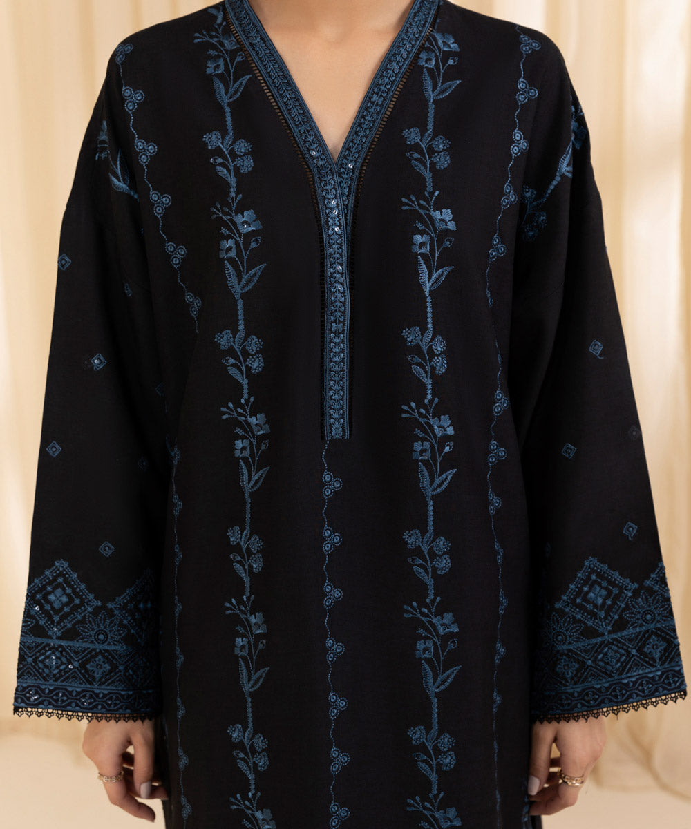 Women's Unstitched Embroidered Black Linen Three Piece Suit