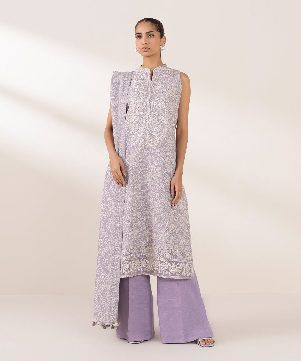 Women's Unstitched Khaddar Purple Embroidered 3 Piece Suit