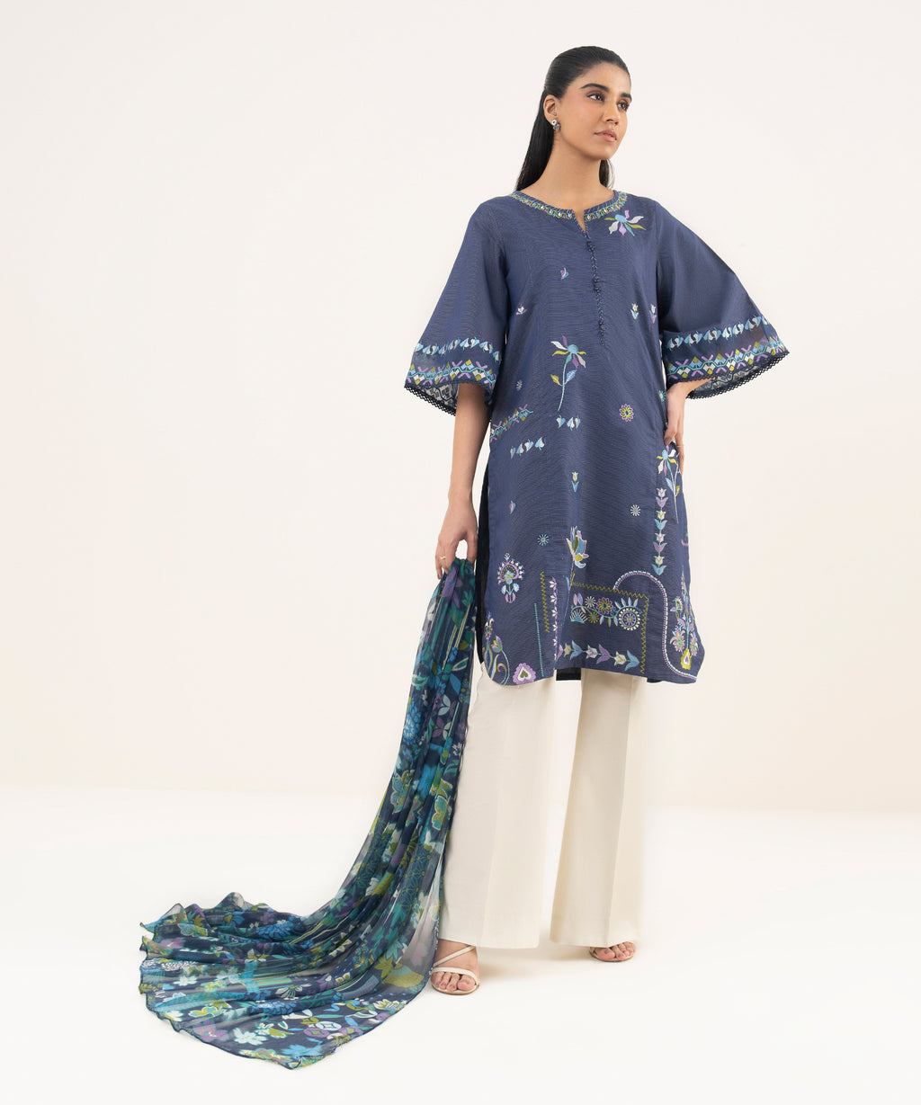 Women's Unstitched Lawn Embroidered Blue Two Piece Suit
