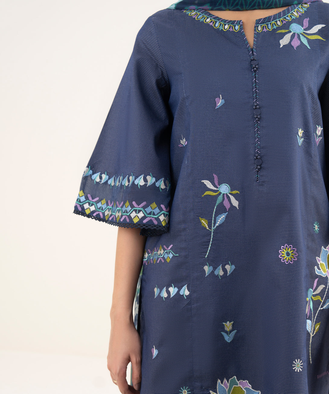 Women's Unstitched Lawn Embroidered Blue Two Piece Suit
